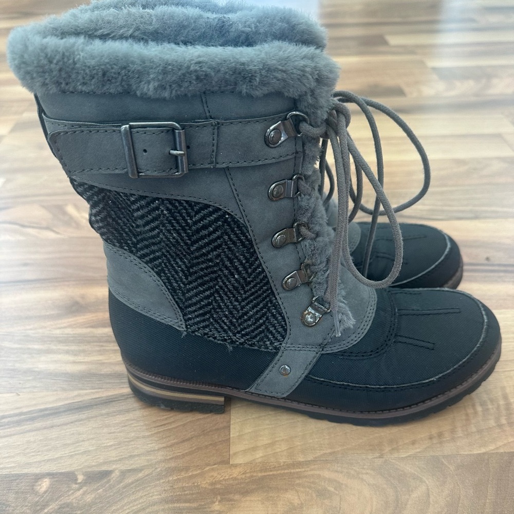 Rock & Candy Faux Fur-Lined Herringbone Gray and Black Winter Boots Women’s 8